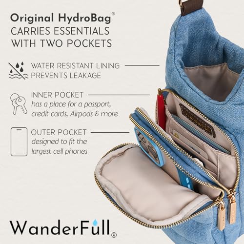 WanderFull® Original HydroBag®, Fits Up to 32 oz Water Bottle Holder with Strap, Gift for Women, Hands-Free Crossbody, Water Bottle Carrier Bag with Phone Pocket - color: Denim