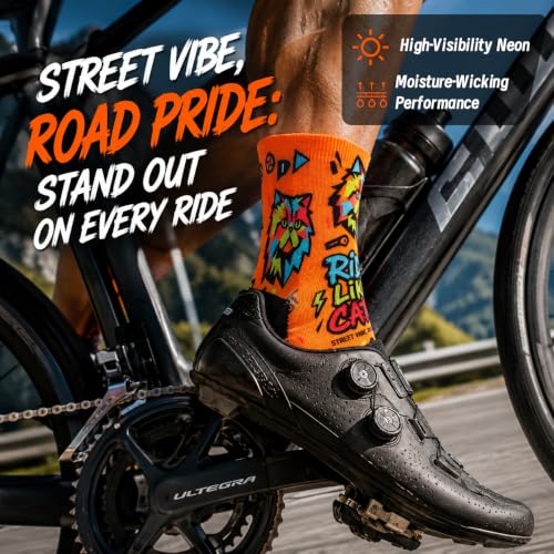 NIcool Cycling Socks For Men, 1/3 Pairs Bright Seamless Compression Running Crew Socks Youth Cushioned Tennis Quarter Socks - color: 1 Pair Bright Orange/Cat Print