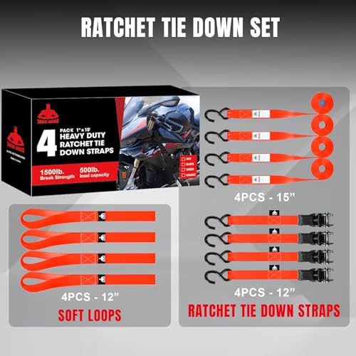 Jack Boss Ratchet Tie Down Straps Set, 1500 lbs Break Strength, 1" x 15' Heavy Duty Ratchet Straps with 4X Soft Loops Padded Handles Coated S Hook, Fits for Moving Appliances Motorcycle, Orange-Red - color: Red-4pcs