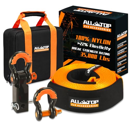 ALL-TOP Nylon Recovery Kit with Hitch Receiver: 3" x 20' (35,000lbs) 100% Nylon Snatch Strap + 2" Shackle Hitch Receiver + 3/4 HD Shackles (2pcs) with Isolator + Storage Bag - size: 3" x 20' Kit + Hitch Receiver