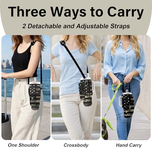 Water Bottle Carrier Bag for Stanley Cup 40/30oz, Neoprene Water Bottle Holder Pouch with 3 Pocket Adjustable Shoulder & Hand Strap - color: Retro Camo American Flag