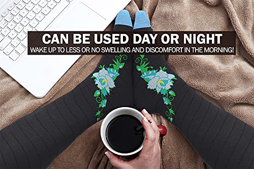 Physix Gear Compression Socks 20-30 mmHg - Men & Women - Running, Nurses, Shin Splints, Flight, Travel - color: Black/Blue Flower, size: Small-Medium