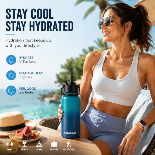 KXIAOCHEN Insulated Water Bottle with Strap, 48-Hour Cold, 2 Lids - color: Dark-Night, size: 32 Ounces