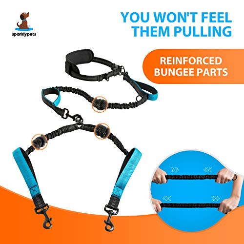 SparklyPets Hands Free Dual Dog Leash, Medium & Large (Blue) - color: Blue, size: 2 dogs M/L