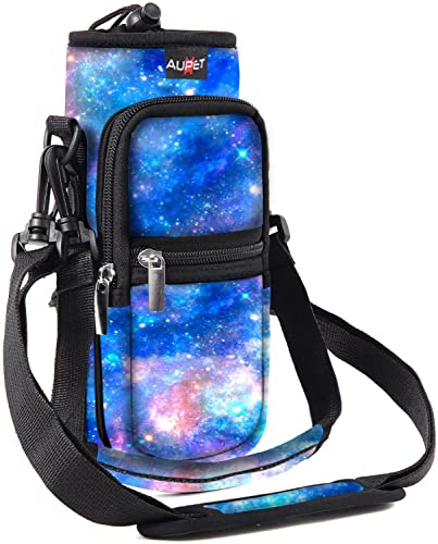 AUPET Water Bottle Sling Bag Sleeve Holder Carrier 25/32/40/64 oz,Insulated Crossbody Water Bottle Case Cover with Strap and Pockets for Men/Women Walking Hiking - color: blue starry sky, size: 25oz