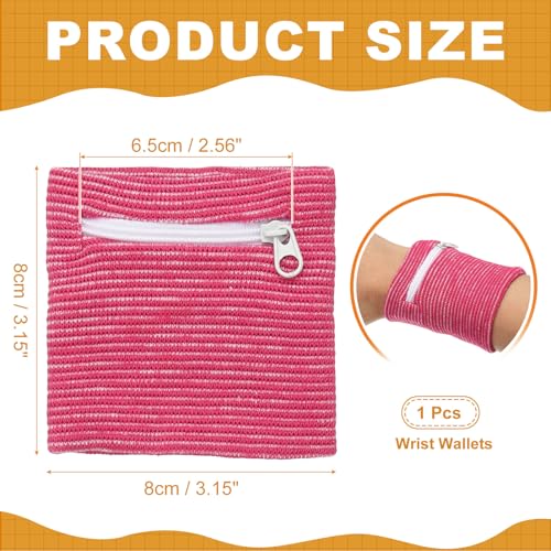 Wrist Wallet Wristband with Zipper,Cotton Wrist Band SweatBands - color: Rose Red