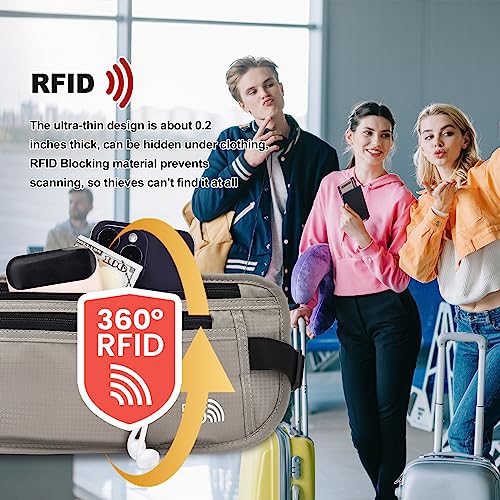 Unisex Money Belt with RFID Blocking Sleeves, Slim Passport Holder RFID Blocking Travel Essentials, Waist Pouch to Protect Cash, Light Grey & 6 Sleeves - color: Light Grey & 6 Sleeves, size: Medium