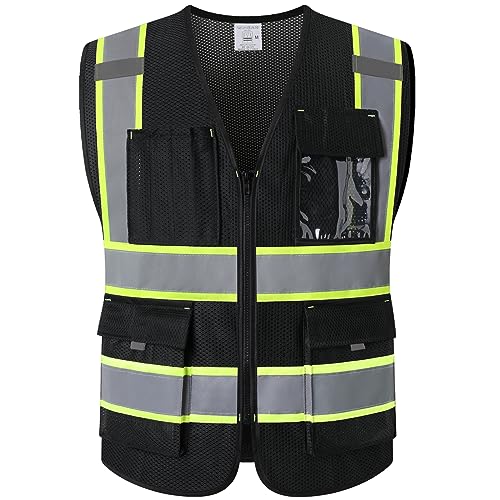 Black Safety Vest for Men with Pockets (KZ176-Black-L) - color: Blackmesh-kz176, size: Large