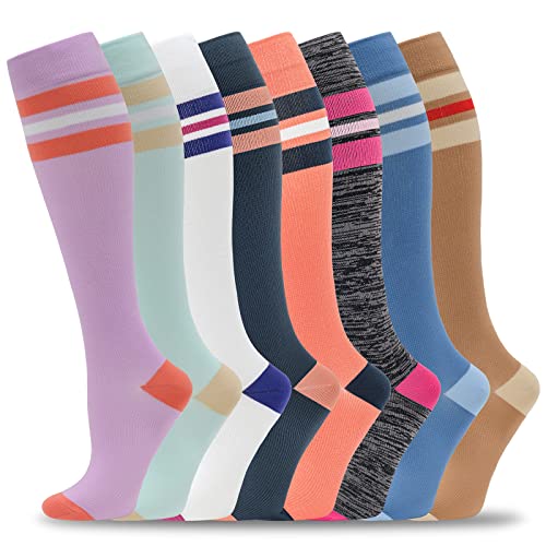 fenglaoda 8 Pairs Compression Socks for Men & Women 20-30 mmHg Knee High Nurse Pregnant Running Medical and Travel Athletic - color: 09-8 pairs, size: Small-Medium