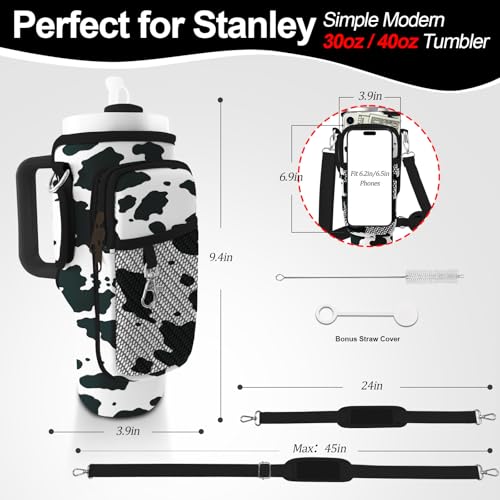 Water Bottle Carrier Bag for Stanley Cup 40oz/30oz with Phone Pocket, Neoprene Water Bottle Holder with Adjustable Shoulder & Handle Strap, Stanley Cup Accessories for Walking Travel Gym - color: Cow Print