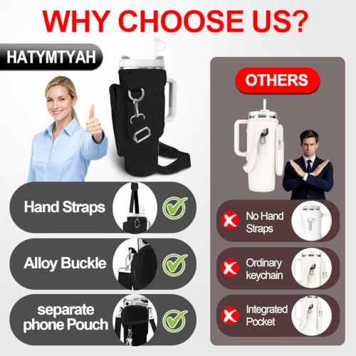 Water Bottle Carrier Bag for Stanley Cup 40oz/30oz with Phone Pocket, Neoprene Water Bottle Holder with Adjustable Shoulder & Handle Strap, Stanley Cup Accessories for Walking Travel Gym - color: Black