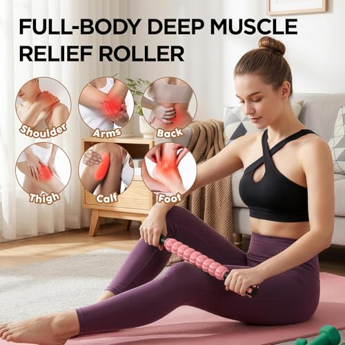 Muscle Roller & Massage Roller Stick for Athletes - Lymphatic Drainage Support, Relieves Muscle Soreness, Cramping & Tightness - Targets Legs, Arms, Back & Calves （Pink ） - color: Pink