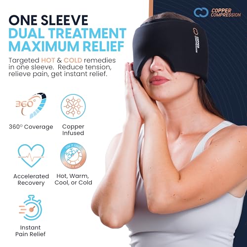 CopperFreeze™ Migraine Relief Mask Cap w/Cryo Gel by Copper Compression - Reusable 360° Ice Pack Band for Headaches - Eases Nausea, Sinus Pressure, Tension - Gift for Women, Men, Moms - One Size - style: Migraine Relief Mask