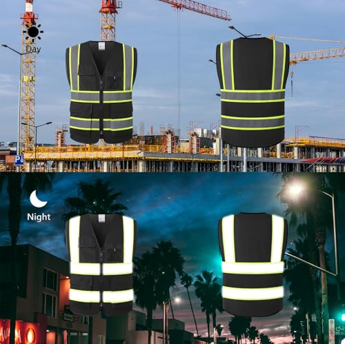 High Visibility Reflection Black Mesh Safety Vests with 8 Pockets and Front Zipper, hi vis safety vest for Men and Women (Black-07,Large) - color: Black, size: Large