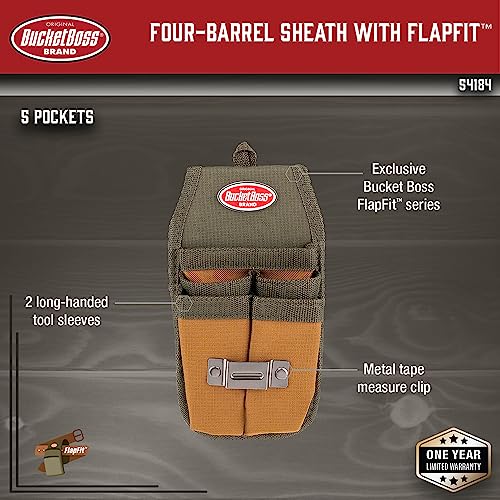 Bucket Boss Four-Barrel Tool Sheath with FlapFit to Fit Instantly Over a Belt or Into a Pants Pocket, with 5 Tool Pockets and 2 Loops, and Metal Tape Clip, in Brown, 54184