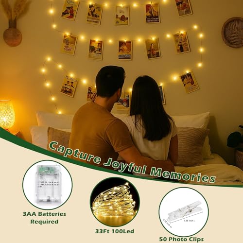 Photo Clip String Light, 33Ft 100LED Battery Fairy Lights with 50 Clips - color: Warm White