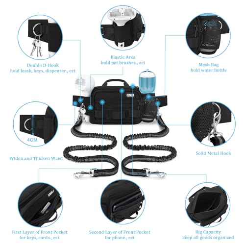 ETACCU Hands Free Dog Leash with Zipper Pouch, Waist Belt for Large Medium 2 Dogs for Running, Walking, Jogging and Hiking, Dual Padded Handles and Durable Bungee - Black (2 Dog) - color: 2 Dog Black