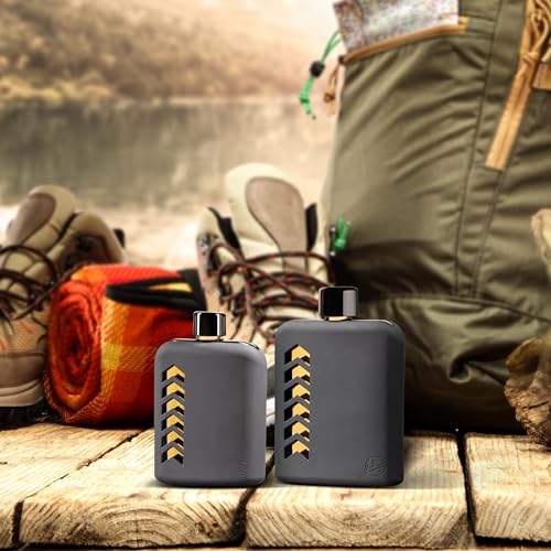 Le’raze Glass Hip Flask Set, Silicone Sleeve | 240ml/100ml Whiskey Bottles for Alcohol Liquor | Leakproof Lids, Funnel | Cute Aesthetic Concert Gift for Men, Women, Black Single Double Shot Canteen - size: 3.4oz. + 8oz.