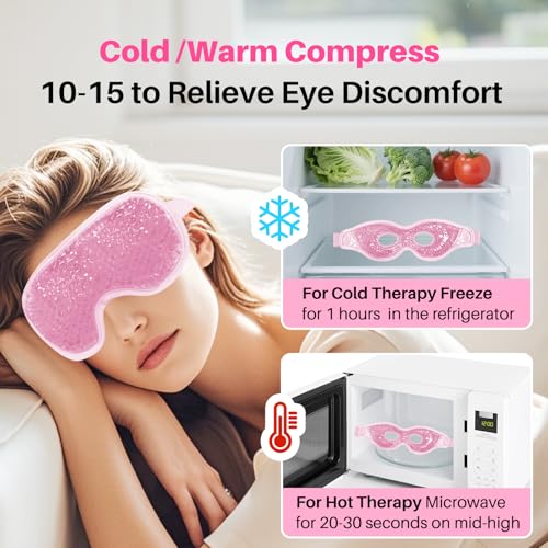 Cooling Eye Mask with Gel Bead 2 Pack Gel Eye Mask Cold Eye Mask for Relaxtion,Puffy Eyes Reusable Cold & Warm Compress for Puffiness,Dry Eyes,Headaches,Migraines,Stress Relief,Post Surgery - color: Pink-full&hole