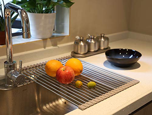 Ahyuan Roll up Dish Drying Rack Over The Sink Kitchen Roll up Sink Drying Rack Stainless Still Portable Drainer Foldable Dish Rack (Warm Gray, 17.8''X13.5'') - color: Warm Gray, size: Rectangle 17.8 inches x 13.5 inches
