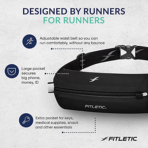 Fitletic Bolt Double Pocket Running Belt & Active Fanny Pack For Men & Women – Water Resistant, Lightweight Sleek Design – Patented No Bounce Hip Hugging Fit – Holds Any Phone - color: Black