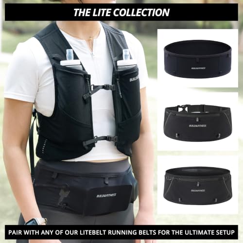 Build & Fitness LITEVEST Running Vest with 2X 500ml Soft Flasks – 7 Pockets, Lightweight, Breathable Hydration Vest – Premium, Secure, Comfort & Style for Training, Trails, Marathons & Everyday Runs - size: L / XL