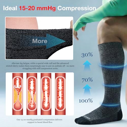 LEVSOX Bamboo Viscose Wide Calf Compression Socks 20-30 mmHg with Cushioned - color: Navy/Grey, size: Medium