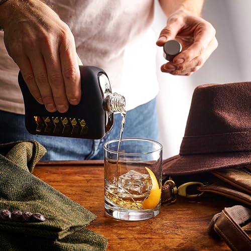 Large Glass Flask Set for Men & Women - Drinking Hip Flask Bottle with Cork & Silicone Seals for Whiskey, Liquor, Alcohol - Includes Metal & Plastic Lids, Funnel, Protective Silicone Sleeve - 240ml. - size: 8oz.