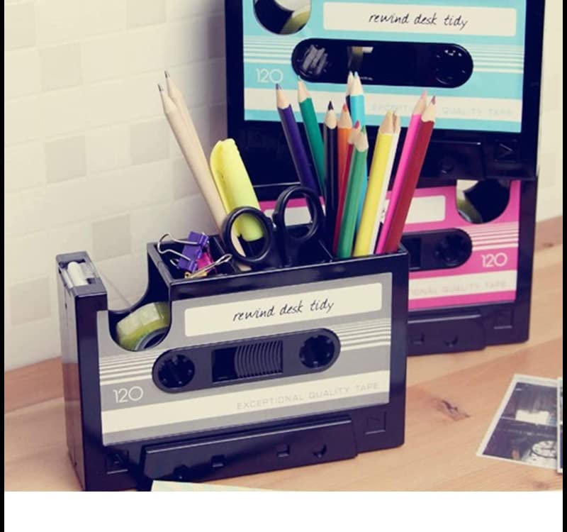 Creative Tape Pen Holder, Retro Cassette Tape Dispenser, Stationery Desk Tidy Container, Office Supplies Organizer Pencil Cup - color: Black