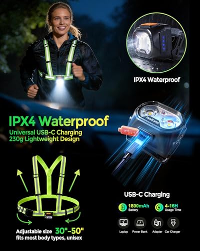 Running Lights for Runners, 500LM Rechargeable Chest Light with Hand-Wave Sensor, Hands-Free Night Running Light, IPX4 Waterproof, 45° Adjustable Beam for Jogging, Walking, Dog Walking