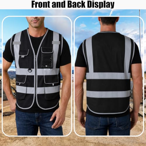 HYCOPROT High Visibility Safety Vest Hi Vis Reflective Construction Vests with Pockets for Men Women,Meets ANSI/ISEA Standard - color: Black, size: X-Large
