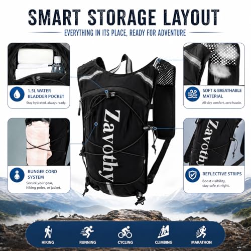 Zavothy Hydration Vest Pack with 1.5L Water Bladder, Lightweight 6L Hydration Backpack for Running, Hiking & Cycling, Breathable Reflective Hydration Vest for Men & Women - color: Black