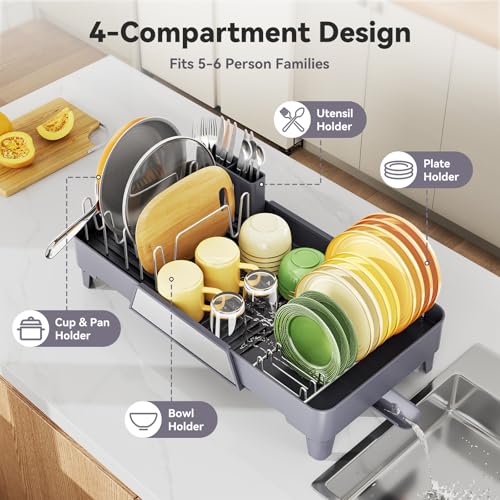 Urackify Large Dish Drying Rack, Expandable Dish Drainer, Gray