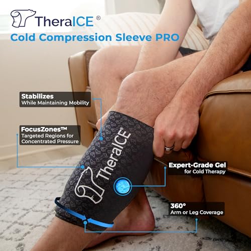 TheraICE Knee Ice Pack Wrap PRO, Knee Brace Compression Sleeve, FocusZone - size: Large, style: PRO