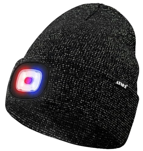 ATNKE LED Lighted Beanie Hat,USB Rechargeable 4 LED Red and Blue Flashing Running Headlamp Cap Gifts for Men and Women - color: #Blended Black Goldwire