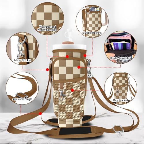 Stanley Carrier Bag for Stanley 40oz/30ozTumbler with Phone with 2 Adjustable Strap,3 Pockets Bottle Stanley Cup Carrier Bag & Case,Accessories for Hiking Travelling - color: Gray and white checkered