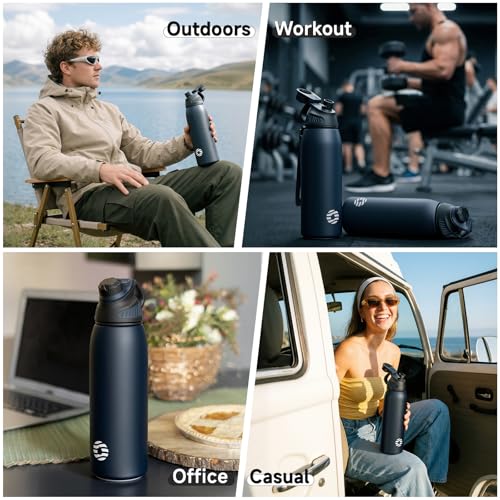Fjbottle 32oz Stainless Steel Insulated Water Bottle No Straw Spout Lid - color: Classic Navy, size: 32 Ounces