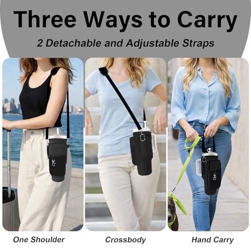 Water Bottle Carrier Bag for Stanley Cup 40/30oz, Neoprene Water Bottle Holder Pouch with 3 Pocket Adjustable Shoulder & Hand Strap - color: Black