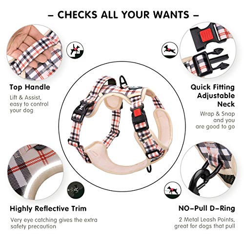 PoyPet Plaid Dog Harness Small, No Pull Vest with Front Clip & Neck Buckle - color: Checkered Beige, size: S