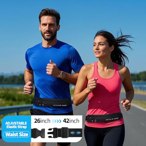 USHAKE Slim Running Belt Women Men, Bounce Free Fanny Pack Phone Holder - color: Black