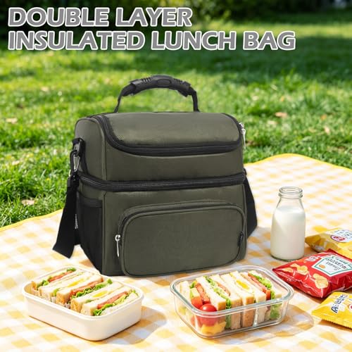 FlowFly Double Layer Cooler Insulated Lunch Bag Adult Lunch Box Large Tote Bag for Men, Women, With Adjustable Strap,Front Pocket and Dual Large Mesh Side Pockets - color: Army Green