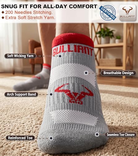BULLIANT Men Cushioned Compression Nylon Ankle Running Socks No Show 6Pack - color: 6pairs-gray Heather 8627, size: 13-15
