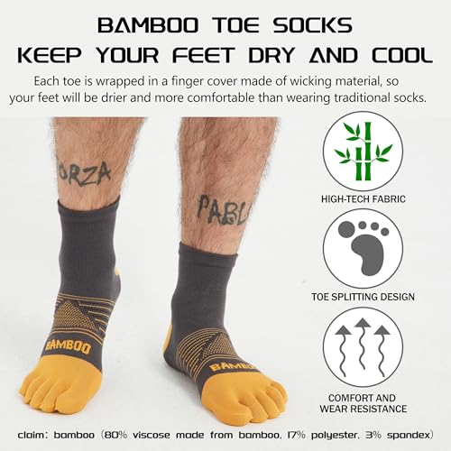 Sunew 3 Pairs Toe Socks for Men Women,Viscose Bamboo Breathable Athletic Running Five Finger Ankle/Quarter Socks - color: Grey+yellow, size: Medium