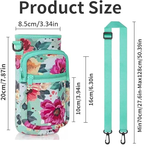 40oz Neoprene Water Bottle Sling with Phone Pocket, Crossbody - color: Flower Green, size: 32oz Short