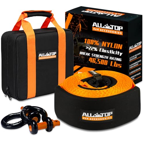 ALL-TOP Extreme Duty Tow Strap Recovery Kit: 4inch x 20ft (46,500lbs) 100% Nylon and 22% Elongation Snatch Strap + 3/4 Heavy Duty D Ring Shackles (2pcs) + Storage Bag - size: 4" x 20' Kit