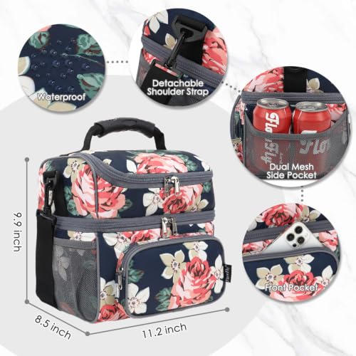 FlowFly Double Layer Cooler Insulated Lunch Bag Adult Lunch Box Large Tote Bag for Men, Women, With Adjustable Strap,Front Pocket and Dual Large Mesh Side Pockets - color: Peony