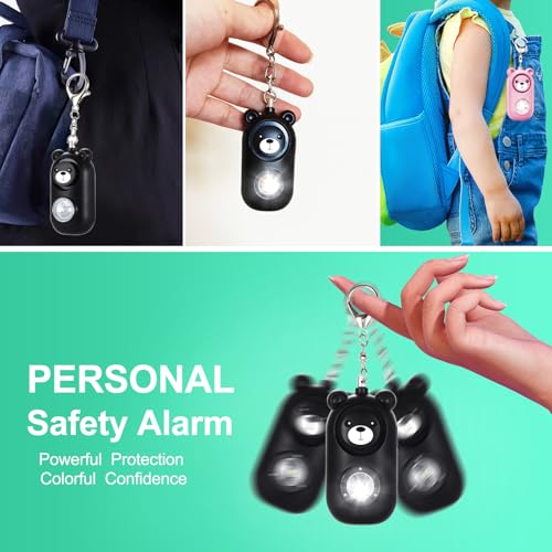 Personal Safety Alarm Keychain with LED Light, 130dB Emergency Alert, Rechargeable Bear Design for Women, Children,Girls - color: Black