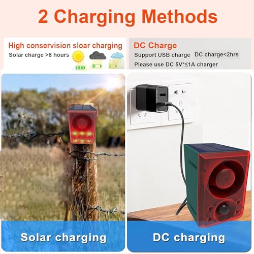 Solar Motion Detector Alarm Light,WONFAST 130db Sound Warning Security Strobe Siren Light,Gunshot Dog Barking Sound & Recording 20s Custom Message for Farm Villa Barn Yard Chicken Coop (1PCS) - size: 1PCS