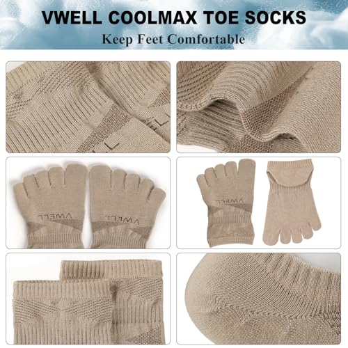 VWELL No Show Toe Socks for Men Women COOLMAX Five Finger Socks Athletic Running Ankle Low Cut 5 Toe Socks (3Pairs) - color: Light Brown, size: Medium