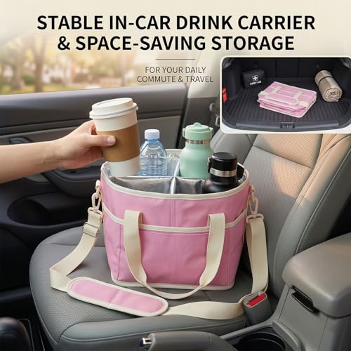 Drink Carrier Tote Bag, Family Size 4 Compartment Drink Carrier - color: Pink